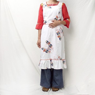 BajuTua /古著/ 70's 美國製 米白色嬉皮蝴蝶印花背心裙