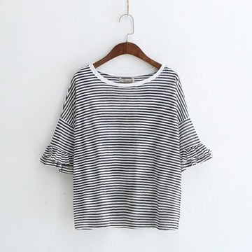 現貨+預購 短袖T恤條紋上衣-清新甜美荷葉袖時尚女打底衫2色73sy28【獨家進口】【米蘭精品】