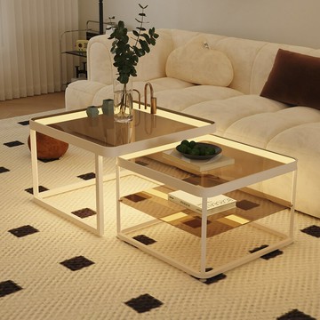 免運/公司貨 茶几 玻璃茶幾 法式奶油風發光玻璃茶幾 輕奢現代子母小方桌組合桌客廳家用小戶型 可開發票 全館五折 工廠現貨直銷 新品特價 z10253