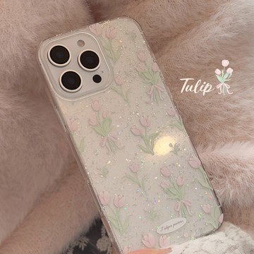 台灣出貨❤春季鬱金香適用蘋果17promax手機殼16粉色唯美iphone14閃粉11防摔