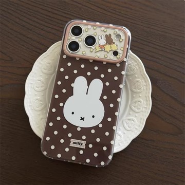 韓系ins復古棕色波點適用蘋果17pm可愛白色兔子手機殼16pro新imd