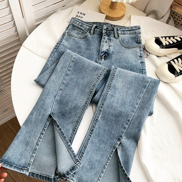 開叉牛仔褲年新款高腰顯瘦百搭寬松直筒淺色微喇叭闊腿時尚潮