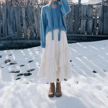 秋冬雪頂法式浪漫毛茸茸肌理面料拼接半身裙女百搭甜美