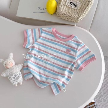 Healthy baby 女童短袖T恤夏季兒童韓系百搭拼領桃心刺繡條紋半袖打底衫潮兒童短袖短袖女童短袖T恤女孩短袖T恤