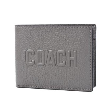 COACH 男款 荔枝紋浮雕LOGO六卡短夾-灰色
