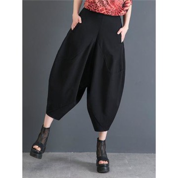 大碼闊腿燈籠褲春夏新款垂感百搭哈倫褲女休閑潮流九分顯瘦蘿卜褲