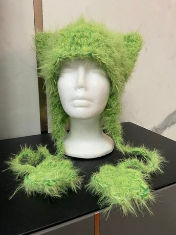 手工混紡綠貓耳毛帽粗針鉤織狐狸帽Y2K美學森林綠貓帽手工製作