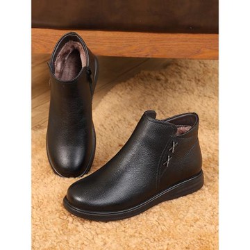 媽媽鞋棉鞋真皮加絨羊毛保暖短靴中老年人太太防滑冬鞋大碼40一43