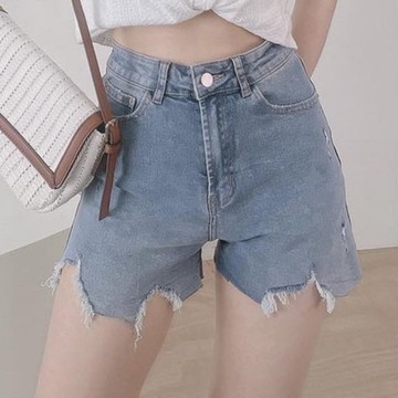 La Belleza韓版百搭高腰復古刷色下擺不收邊破損抓鬚割破顯瘦牛仔短褲M~XL