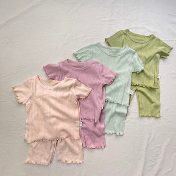Mimo⭐ins夏季男女寶寶單色鏤空透氣木耳邊短袖彈力舒適家居服套裝