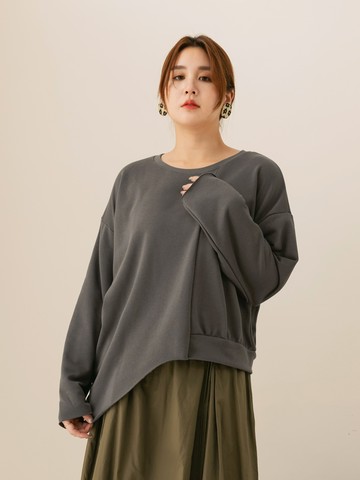 棉質下襬不對稱半收腰長袖上衣