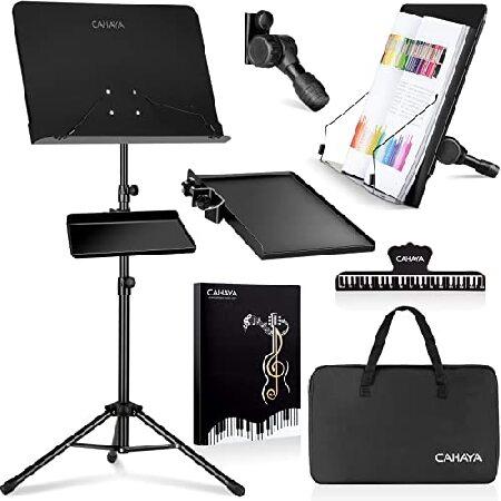 CAHAYA Dual Use Sheet Music Stand with Clamp-on Tray ＆ Desktop Book Stand with Carrying Bag, Sheet Music Folder, Music Stand with Shelf, and Clip for