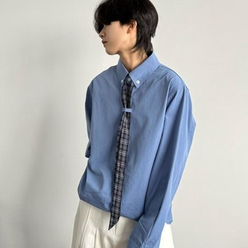 秋季韓系復古長袖襯衫男女生學院少年寬鬆可拆卸休閒百搭藍色襯衣