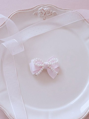 公主粉蝴蝶結緞帶串珠髮夾(08001090200) - Maison de FLEUR