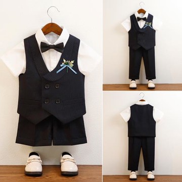 兒童西服春夏時尚條紋馬甲短袖套裝男童主持表演服小童花童禮服