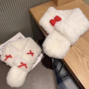 🍎❤️桃園出貨🍎❤️紅色蝴蝶結毛絨圍脖新年女冬季短款護頸交叉仿小圍脖可愛毛絨圍脖