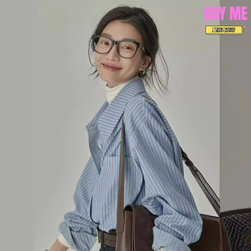 【復古港風】條紋襯衫 襯衫女 條紋襯衫女 寬鬆襯衫 設計感襯衫 通勤襯衫 藍白條紋 寬鬆顯瘦 多層次疊穿 春秋通勤休閒