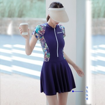 比基尼妮.觀蘭花短袖前拉鍊連身裙泳裝加大泳衣(M-3L)