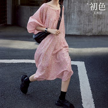 初色 碎花印花圓領五分袖長袖寬鬆輕薄透氣中長裙連衣裙連身洋裝長裙-粉色-11802(L-2XL可選)