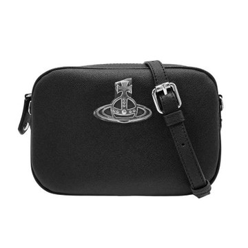 Vivienne Westwood Anna 防刮皮革星球銀logo斜背相機包(黑)