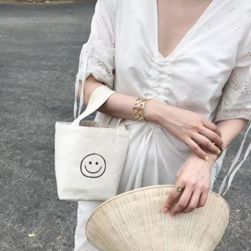 ins網紅韓國可愛笑臉手拎包帆布手提小包包環保便當午餐包親子包