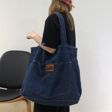 韓版復古潮ins單肩深藍牛仔包包女大容量托特包大包百搭休閑新款