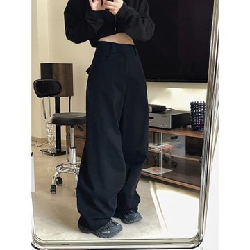 黑色弧形彎刀褲設計感闊腿休閑秋冬日系寬松工裝褲加厚鐮刀長褲女