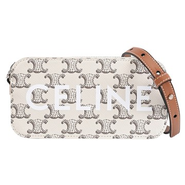 CELINE TRIOMPHE 經典LOGO塗層印花小型斜背手機包.白/咖