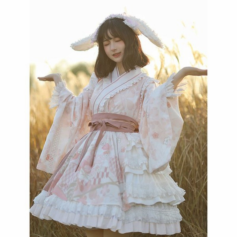 和風ロリータopワンピース長袖フローラルプリントピンクボウスウィートロリータワンピースワンピース 通販 Lineポイント最大get Lineショッピング