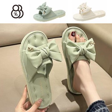 【88%】拖鞋 懶人鞋 大蝴蝶結裝飾素色皮質平底2cm涼拖鞋