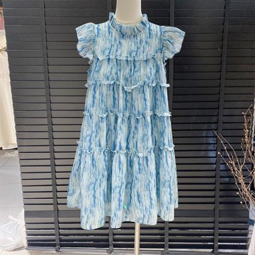 十三行法式輕熟風立領飛飛袖木耳邊暈染寬松顯瘦中長款A字連衣裙