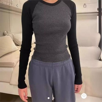BM風美式趙露思同款拼色T恤bm插肩長袖女belatop修身辣妹打底上衣