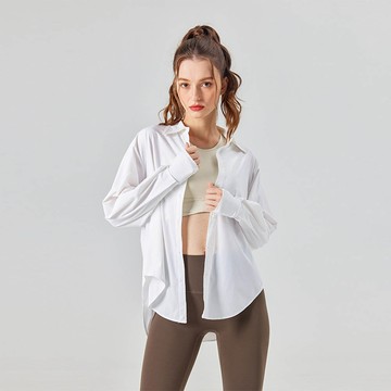 UPF50+冰絲涼感原紗防曬長版襯衫-後開衩-椰奶白