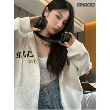 好穿愛到骨子裡！美式慵懶風連帽衛衣 套裝女秋季 灰色印花外套 寬鬆拉鍊開衫 重磅外套 oversize 慵懶風穿搭 開衫