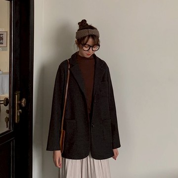 毛呢外套女新款韓版chic簡約寬松翻領呢子大衣長袖百搭西服女1入
