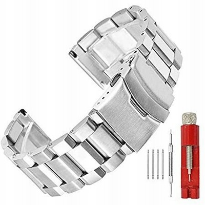 ブラシマット仕上げメタル時計バンド ステンレススチールブレスレットストラップ 18mm/20mm/22mm/24mm ダブルバックル ブラックまたはシ