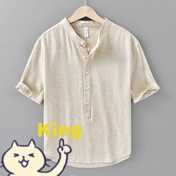棉麻立領上衣 棉麻短袖襯衫 麻料透氣套頭襯衣 夏季薄款亞麻服飾 簡約百搭休閒款式 寬鬆舒適潮流日常穿搭