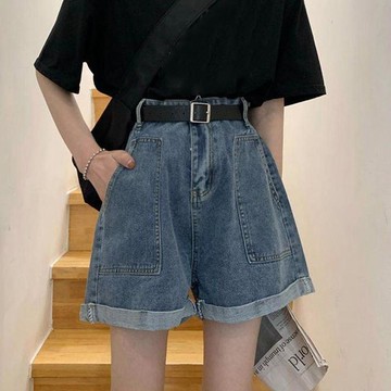 台灣出貨 卷邊高腰牛仔褲女夏季新款韓版復古寬鬆直筒褲顯瘦闊腿褲短褲 辣妹短褲 高腰牛仔褲 美式短褲 a字短褲