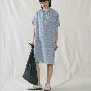 純棉泡泡紗小立領連肩袖洋裝 連衣裙