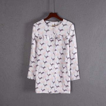 秋冬裝女裝通勤中長款長袖圓領暗扣動物印花外套上衣服潮