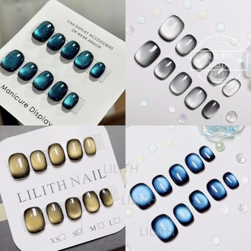 可隔日到貨！黑底玻璃珠貓眼 純手工穿戴甲 玻璃珠貓眼 短圓甲 可拆卸手工甲 光療甲片 假指甲 指甲貼