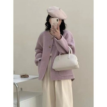 韓版小香風秋雙面羊毛大衣女短款圓領2025年新款氣質減齡毛呢外套