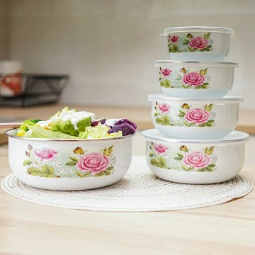 搪瓷碗加厚 帶蓋老式琺瑯密封碗 懷舊五件套碗飯菜配套冰箱保鮮碗