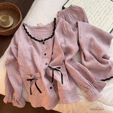 春秋季新款蕾絲邊波點長袖睡衣女士甜美少女學生宿舍家居服可外穿休閒睡衣睡衣居家服套裝女生睡衣居家睡衣