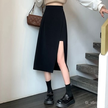 假兩件a字開叉半身裙 拉高視覺比例~小個子150開叉半身裙高腰顯瘦西裝料早秋新款防走光a字裙女中長款黑色裙子