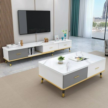 開發票 免運 輕奢北歐電視櫃茶幾組合現代簡約伸縮巖板玻璃電視機櫃電視櫃客廳 快速出貨