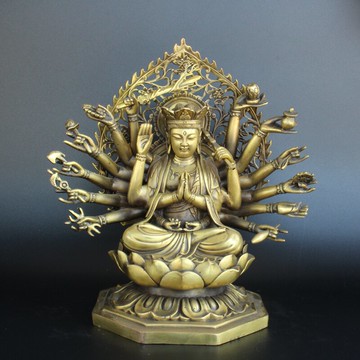純銅千手觀音銅像銅十八臂準提佛母供奉佛像工藝品擺件家居裝飾品