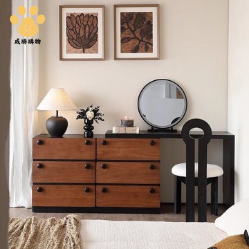 中古風 實木 梳妝臺  斗櫃一體法式復古床尾收納櫃臥室轉角伸縮化妝桌 ws8251