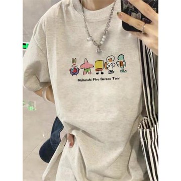 純棉美式灰色正肩短袖t恤女2025新款夏季寬松設計感小眾趣味上衣