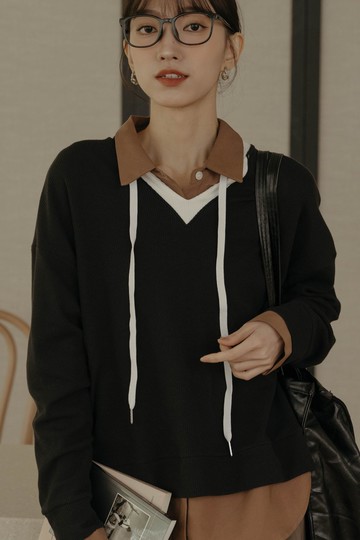 V領拼接綁帶鬆餅格上衣(黑)